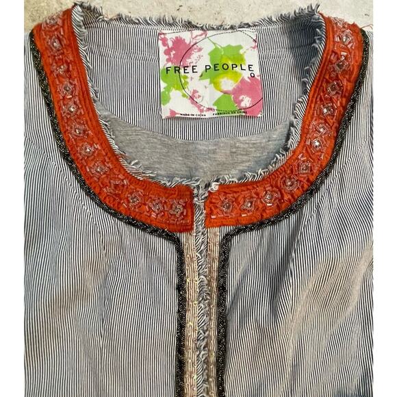 VINTAGE Free People Boho BlazerJacket Womens 0 Pinstripe Beaded Embellished - Picture 4 of 11